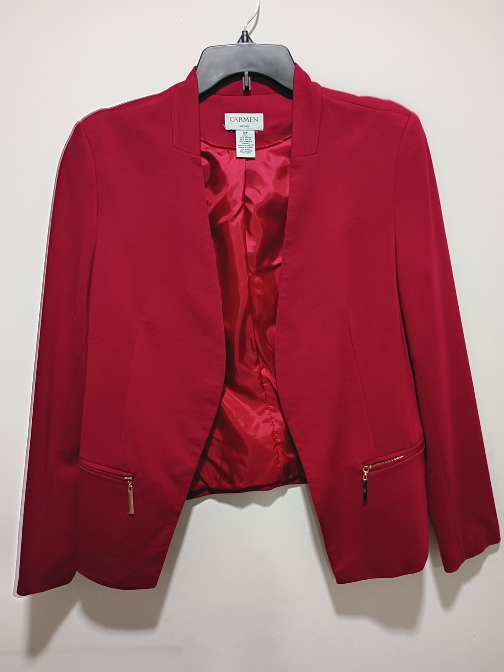 Carmen Red Open-Front Women's Blazer with Gold Zip Details